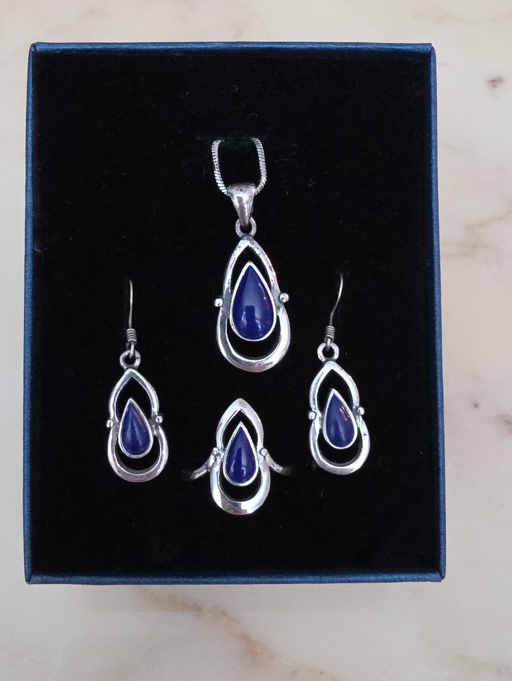Silver Tone Teardrop Blue Jewelry Set - Necklace, Earrings & Ring